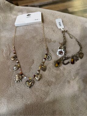 BKE Gold Heart Charm Necklace with Multicolor Beads and Bracelet.